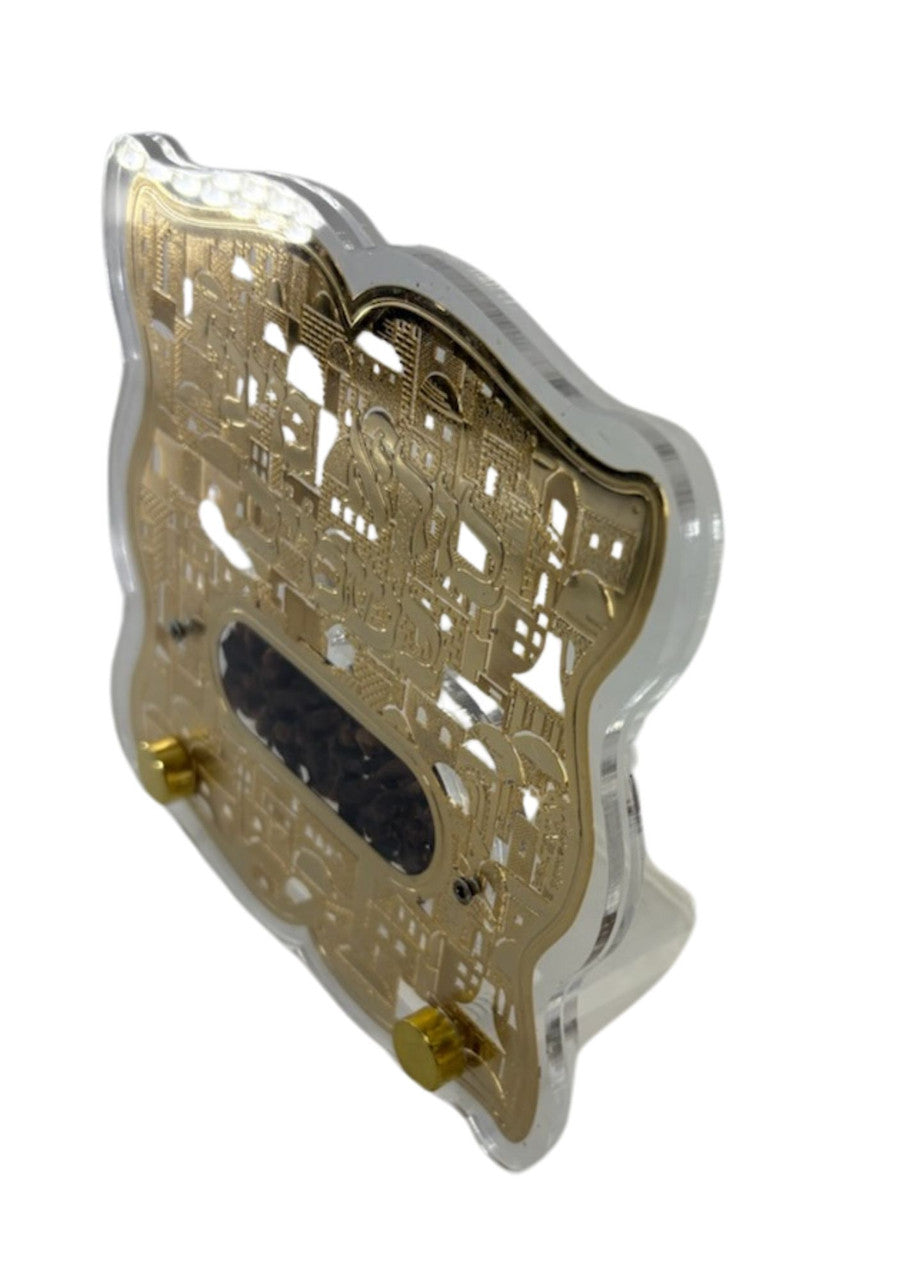 Large Lucite Besamim Holder withGold Lasercut Design-Jerusalem Design 5"x5" (HV-OJBSL11)