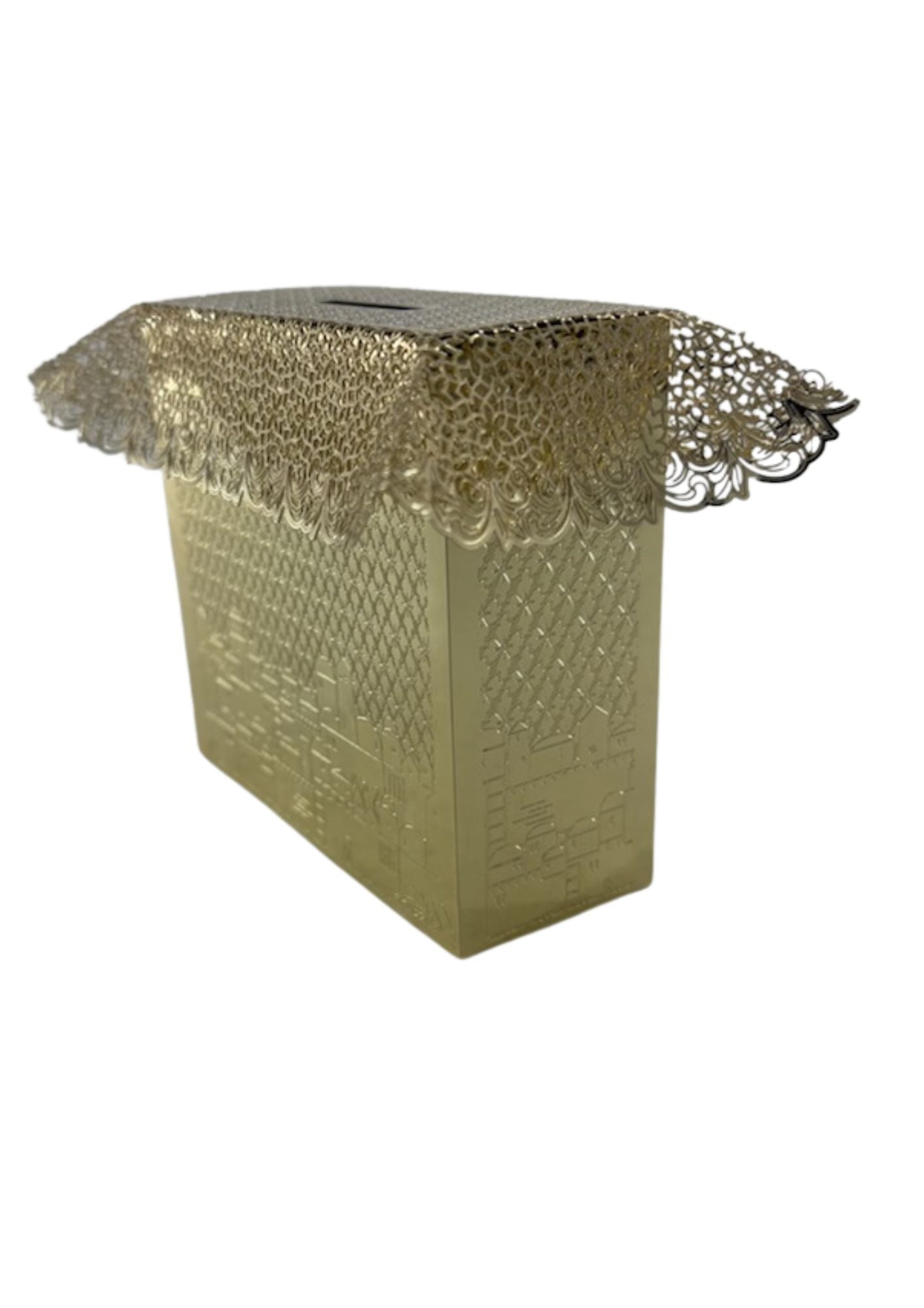 Lasercut Gold Tzedaka Box-Rectangle Jerusalem Design (TZ-OJ3RE)