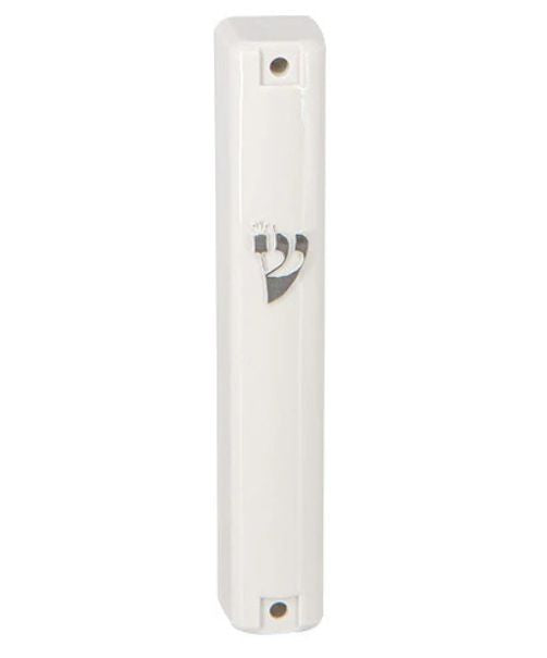 White Plastic Mezuzah Case Silver Shin 20cm (MZ-PMC20WS) 21077