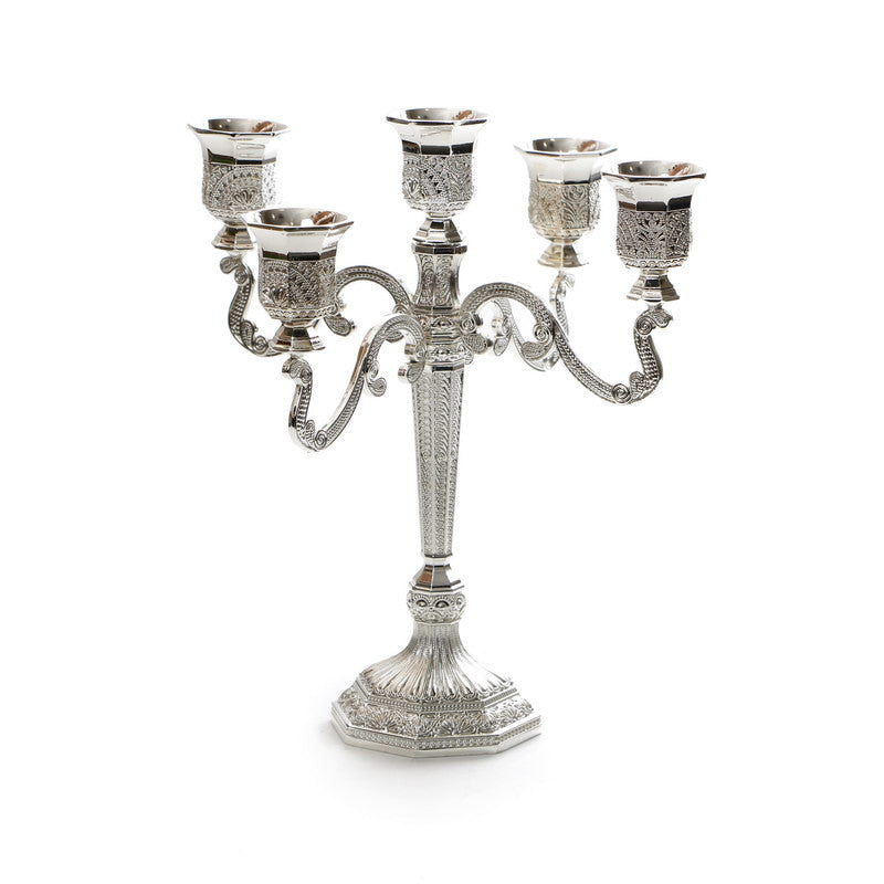 5 Branch Silverplated Filigree Candelabra-- 9"h (CS-X3052)