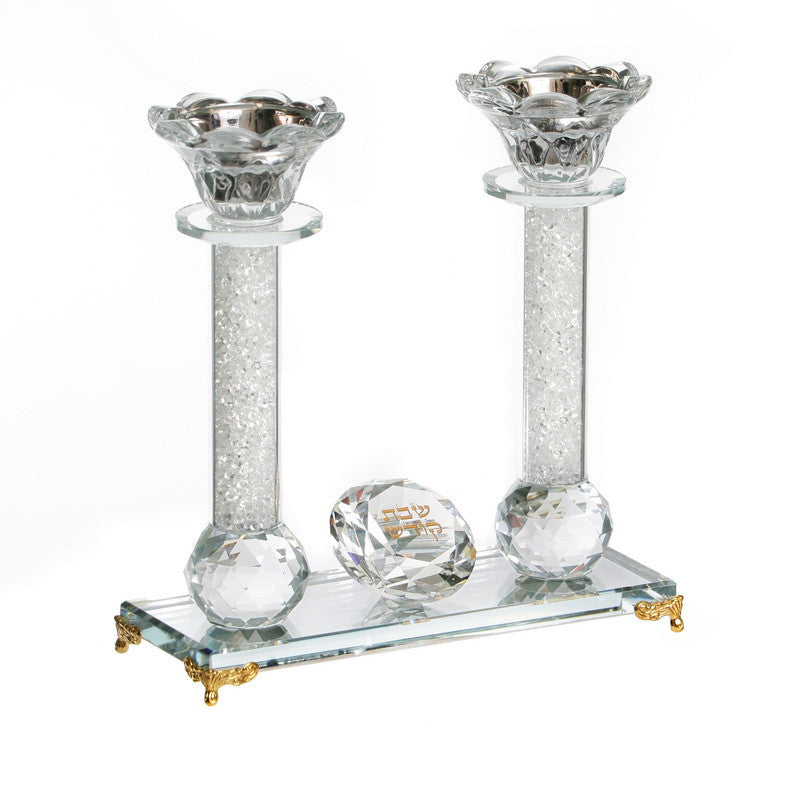 Crystal Candlestick Pair OnTray-Gold Foot 7.5" Silver Pearls (CS-X3130AS)