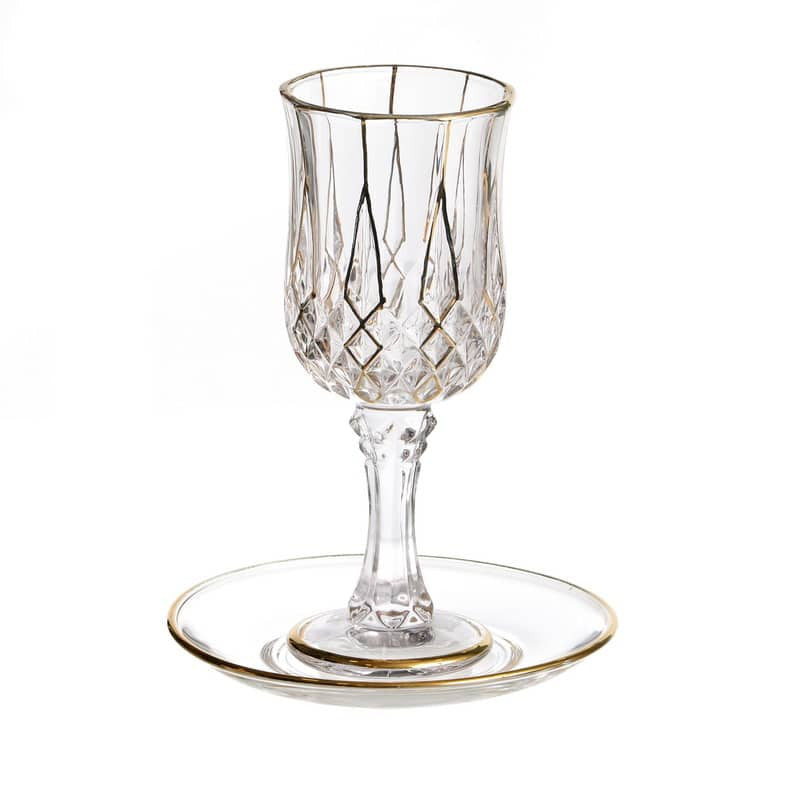 Crystal Kiddush Cup On Stem with Plate-Gold Rim-Gold Design (KC-X5353A)