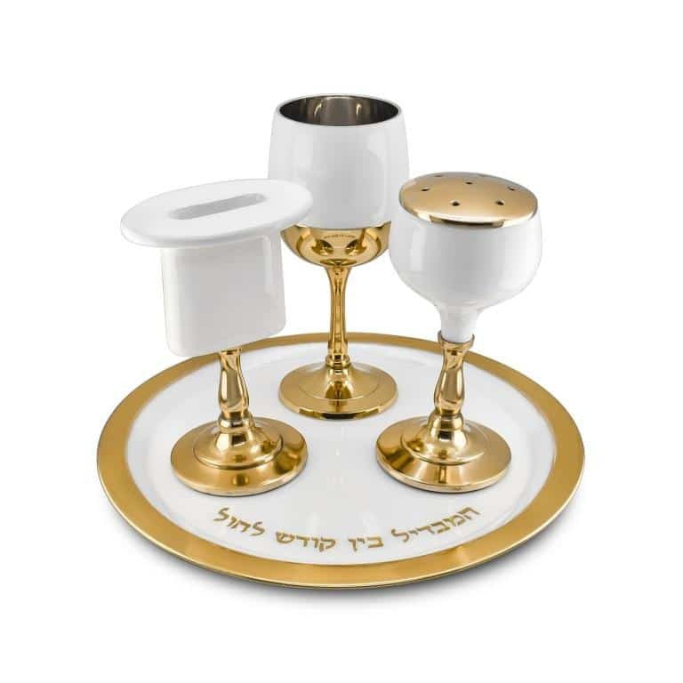 4 pc. Enamel Havdalla Set- White And Gold Design (HV-X5610W)