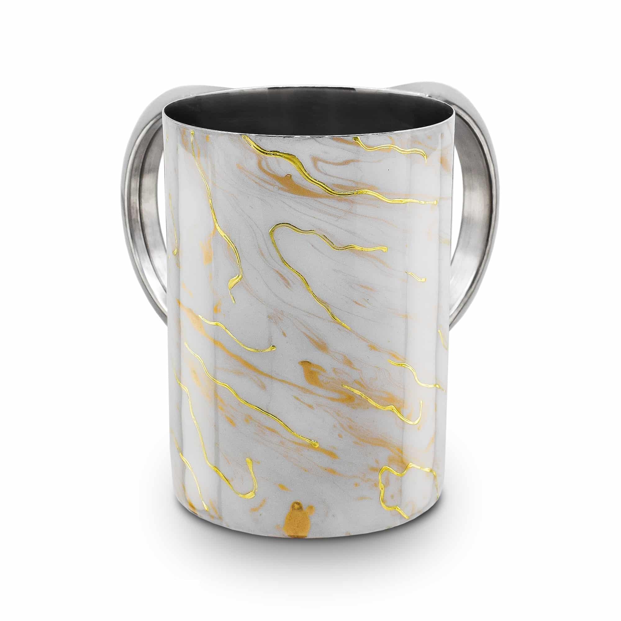 Stainless Steel Washcup-White With Gold Marble Design Silver Handles (WC-X5739)