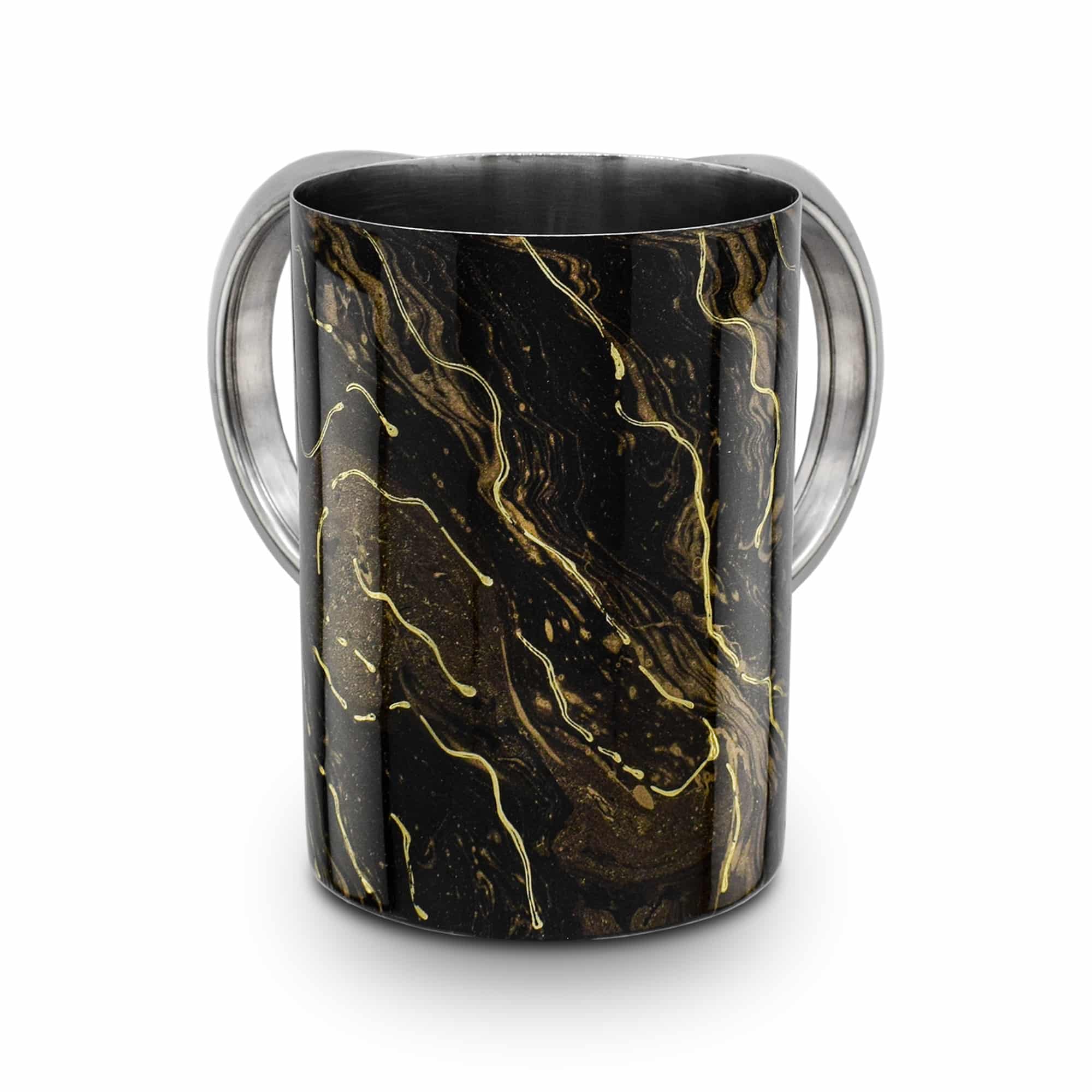 Stainless Steel Washcup-Black With Gold Marble Design Silver Handles (WC-X5739B)