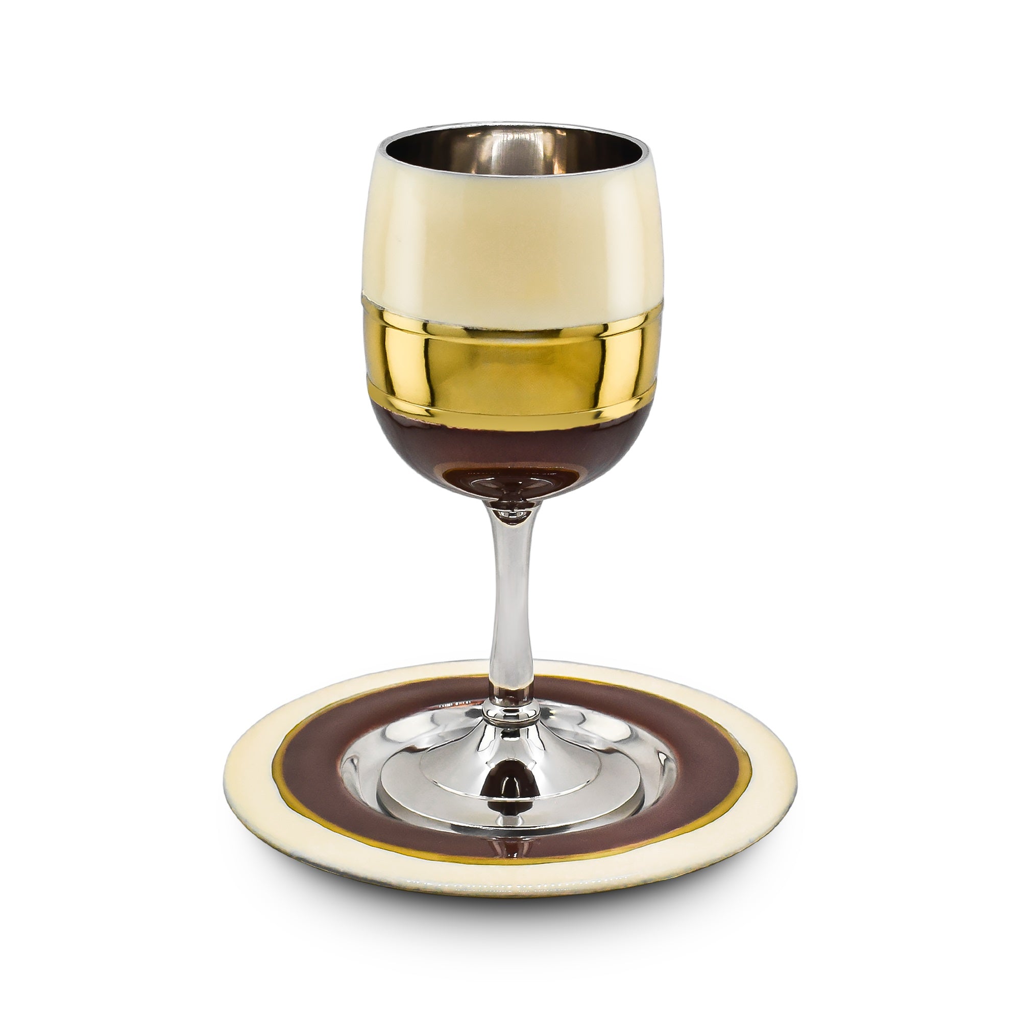 Cream Enamel Kiddush Cup w/ Plate-Gold And Brown Design (KC-X5977B)