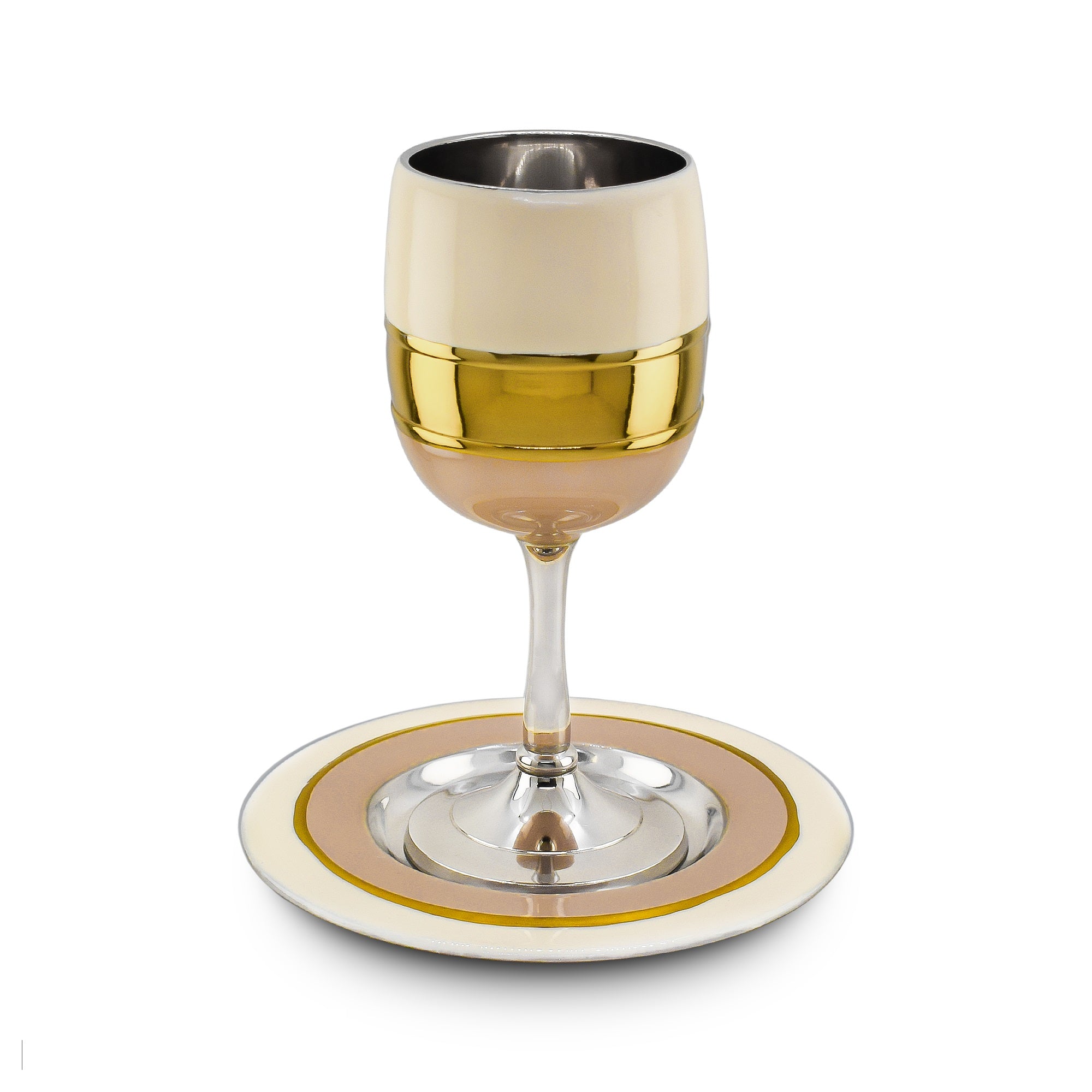 Cream Enamel Kiddush Cup w/ Plate-Gold And Blush Design (KC-X5977W)