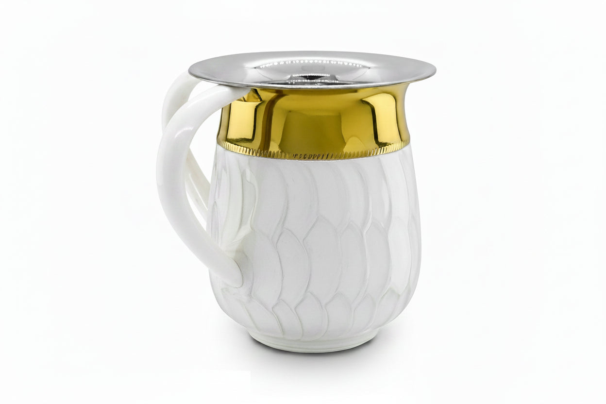 Stainless Steel Washcup- White Petals Design Base w/ Hammered Gold Top  (WC-X5978E)