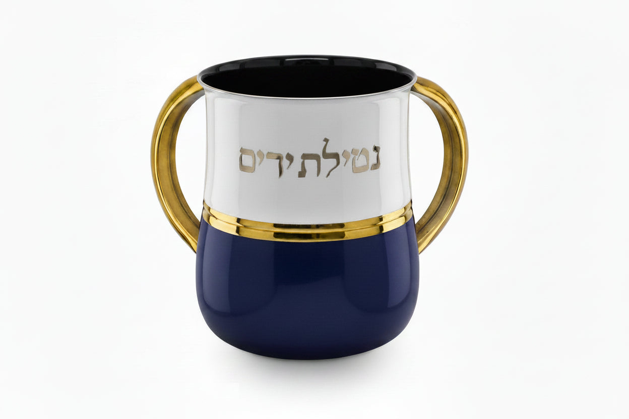 Stainless Steel Washcup- Blue and White with Gold Handles Design  (WC-X5979B)