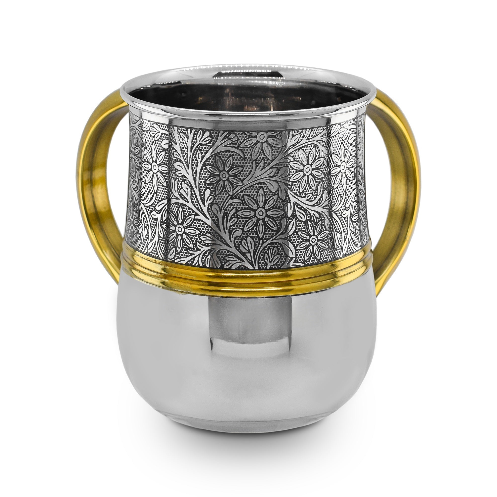 Stainless Steel Washcup- Silver & Floral Etch Design with Gold Handles  (WC-X6018)
