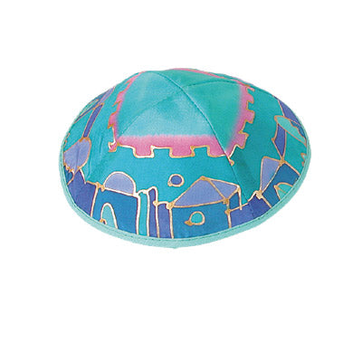 Shaded Turquoise Jerusalem Silk Painted Kippah