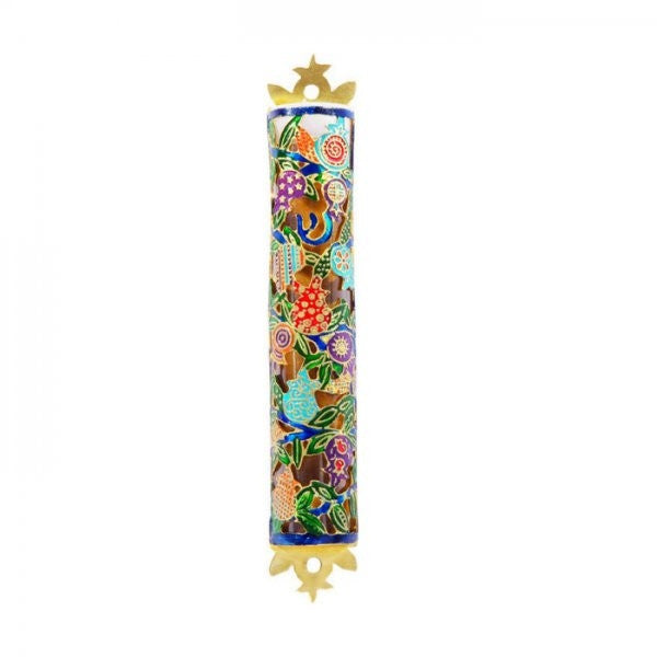 Laser Cut Hand Painted Mezuzah Large Pomegranates Multicolor (EM-MZC1MC)