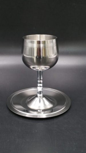 Stainless Steel Kiddush Cup W/Plate - Silver Stripe (KC-AVI109S)