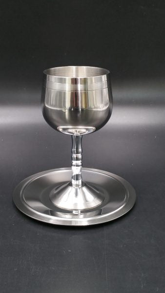 Stainless Steel Kiddush Cup W/Plate - Silver Stripe (KC-AVI109S)