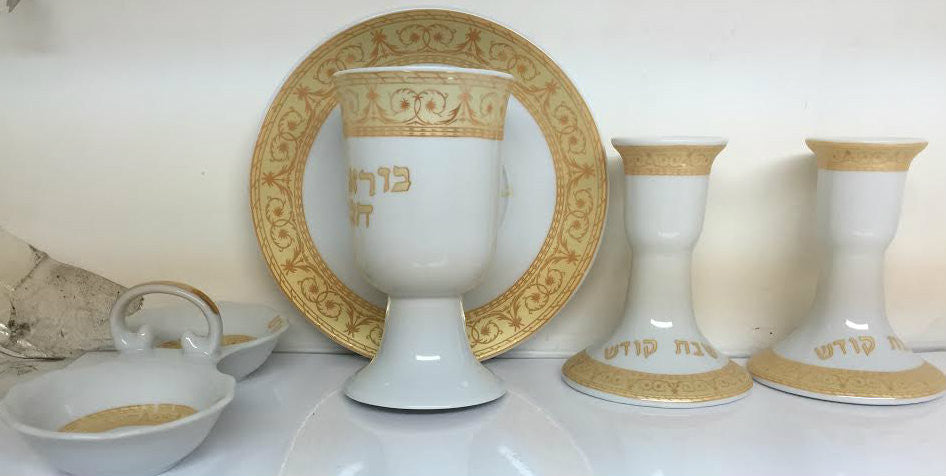 Ceramic Shabbat Set-- Candlesticks, Salt & Pepper dish,  and Kiddush Cup. Floral Design (CS-JY214)