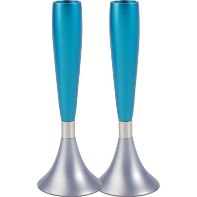 Anodized Aluminum Shabbat Candlesticks Large Turquoise/ Silver (EM-CMM6)