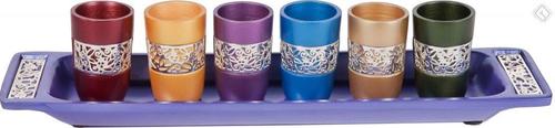 Set of 6 Cups + Plate Kiddush Set with Silver Lace- Multicolor (EM-GD2)
