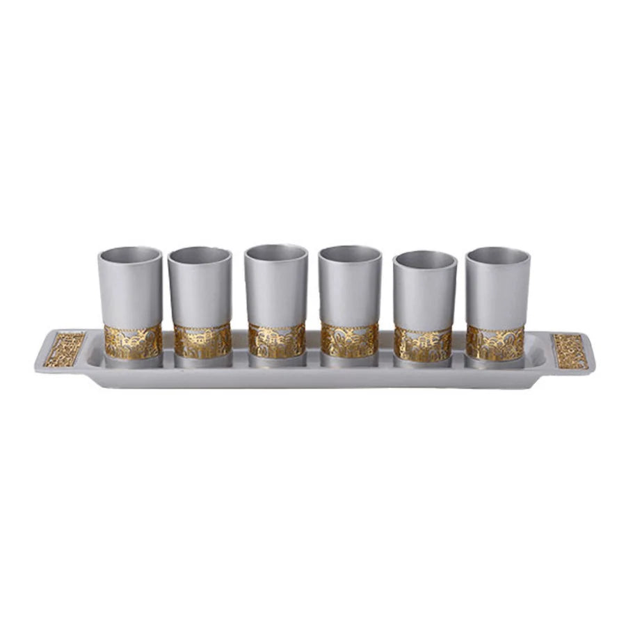 Emanuel Anodized Aluminum Set of 6 Liquor Cups and Tray with Metal Cutout Design (EM-GG)