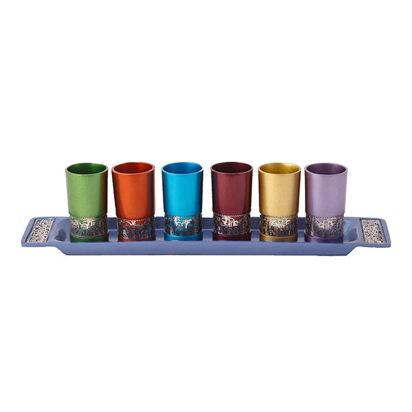 Emanuel Anodized Aluminum Set of 6 Liquor Cups and Tray with Metal Cutout Design (EM-GG)