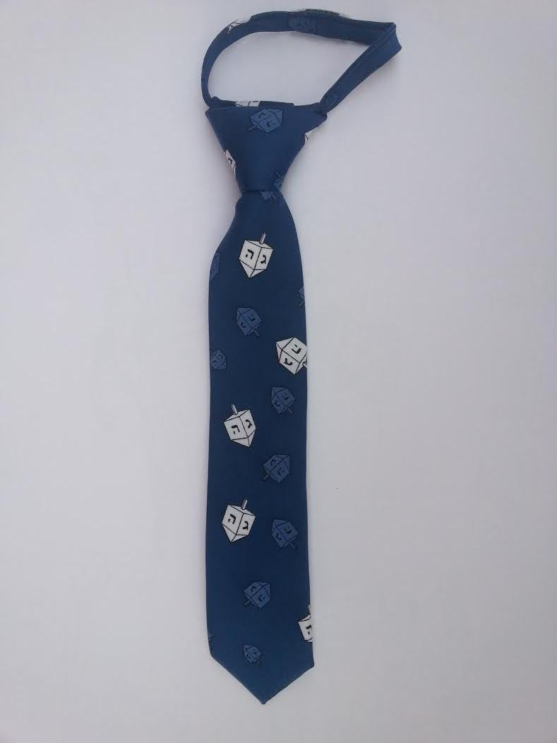 chanukah dreidel tie for kids with zipper, small size 11", blue (TIE#8-1)