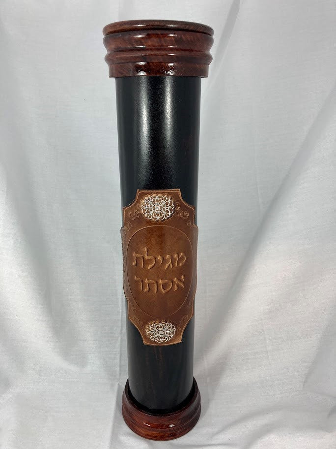Leather & Wood Megillah Holder 16" Patch Design-Brown (MG-LP16B)