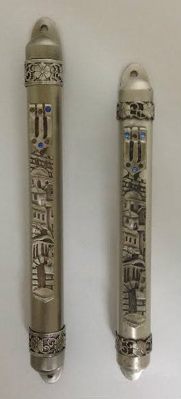 Pewter Mezuzah Case Yerushalayim Design with Blue Stones on "Shin" 12cm (MZ-MM4B/12)