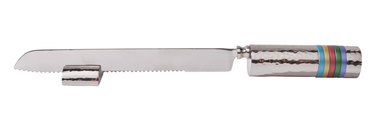 Emanuel Challah Knife Hammered with Rings-- Multicolor Rings (EM-NSD1)